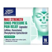Boots Pharmaceuticals Max Strength Sinus Pressure & Pain Relief Capsules 16 - Caffeine, Paracetamol, Phenylephrine Hydrochloride Boots Pharmaceuticals Max Strength Sinus Pressure & Pain Relief Capsules 16 - Caffeine, Paracetamol, Phenylephrine Hydrochloride