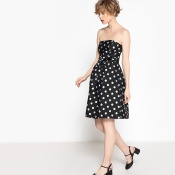 Jacquard Polka Dot Strapless Dress with Tie Waist Jacquard Polka Dot Strapless Dress with Tie Waist