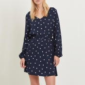 Long-Sleeved V-Neck Polka Dot Dress with Tie Waist Long-Sleeved V-Neck Polka Dot Dress with Tie Waist