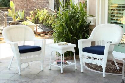 Jeco W00206_2-CES011 3 Piece White Wicker Chair And End Table Set With Blue Chair Cushion