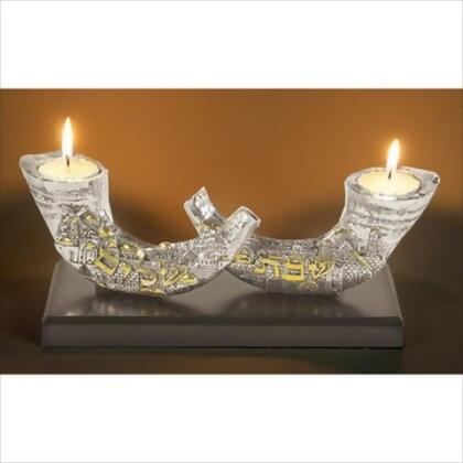 Holy Land Gifts 60413 Candleholder Two Shofars On Black Case Silverplated 