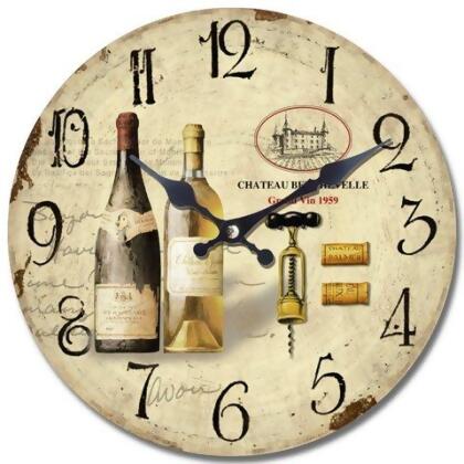 YOSEMITE HOME DECOR CLKA7186 Circular Wooden Wall Clock with Two Bottles of Wine Print 