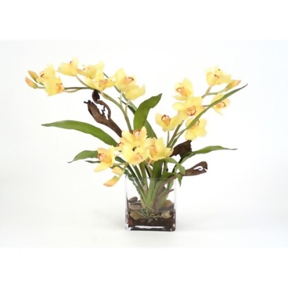 Distinctive Designs International 16107 Waterlook Silk Yellow Orchid Plant With Blades And Natrag In A Rectangular Clear Vase 