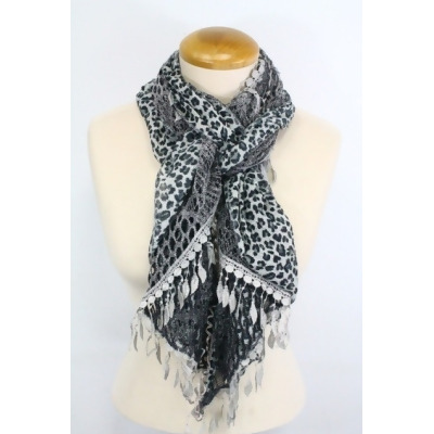 Memories MSF150-6-02 Gray Leopard Print & Lace Ruffle Scarf with Tassel Trim 