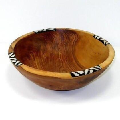 Jedando Handicrafts Handcarved Olive Wood Bowl 9 in. with Inlaid Bone 
