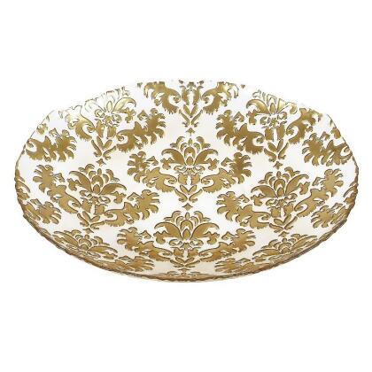 Red Pomegranate 7733-1 Damask 16 in. Gold Clear Shallow Bowl 