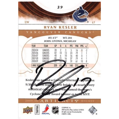 Autograph Warehouse 248967 Ryan Kesler Autographed Hockey Card - Vancouver Canucks NHL 2009 Upper Deck Artifacts - No. 39 Signature on Back 