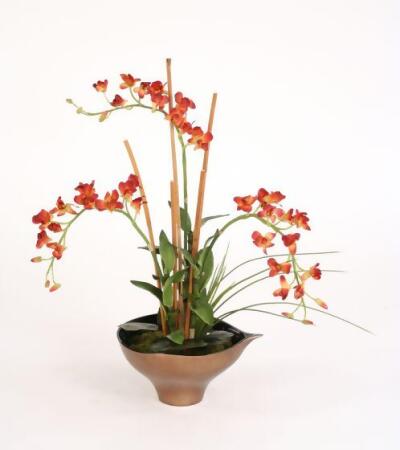 Distinctive Designs 7544 Rust Orchids, Arrorog & Tropical Foliage in Bronze Leaf Bowl 