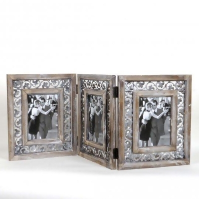 Hi-Line Gift NTW9056 Antique Style Wooden Trifold Stand Alone Photo Frame with Decorative Metal Insert - Grey 