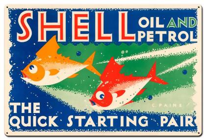Shell SHL284 36 x 24 in. The Quick Starting Pair Shell Oil Fish Satin Metal Sign