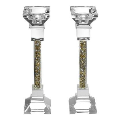 Shonfeld Crystal 15354 7 in. Crystal Candle Stick with Broken Glass Style & Gold - Set of 2 