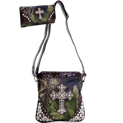 Gold Rush MG21WC106SET-GN - CAM Rhinestone Cross Embroidery Messenger Bag with Matching Wallet - Green & Cam 