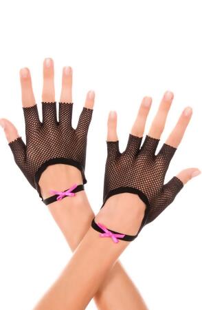 Music Legs 477-BLACK-PINK Fishnet Fingerless Gloves with Satin Bow Wrist  Band - Black & Pink