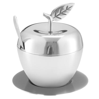 A&M Judaica & Gifts 59317 Nua Honey Dish Apple Shape Stainless Steel with Tray & Spoon 