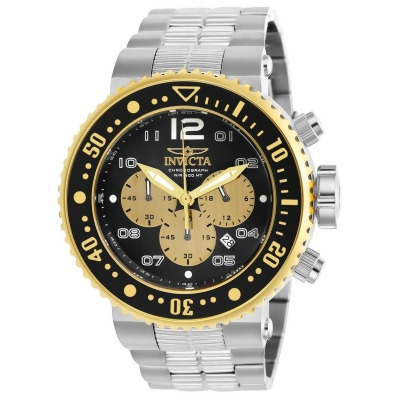 Invicta 25075 52 in. Mens Pro Diver Quartz Chronograph Black & Gold Dial Watch 