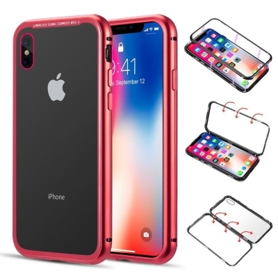 Dream Wireless ALIPXSM-SNAP-RD Aluminum Magnetic Instant Snap Case with Tempered Glass Back Plate for iPhone XS Max - Red 