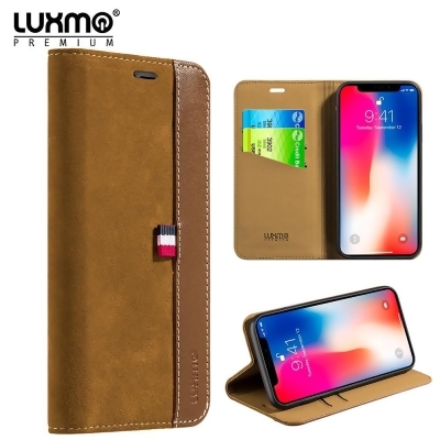 Apple LPFIPX-YACHT-BR Luxmo The Yacht Series Premium Two Tone Suede Real Leather Wallet Case for iPhone X - Brown 