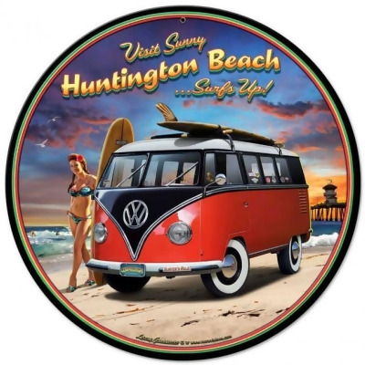 Past Time Signs LGB180 14 x 14 in. Larry Grossman Huntington Beach VW Round Sign 