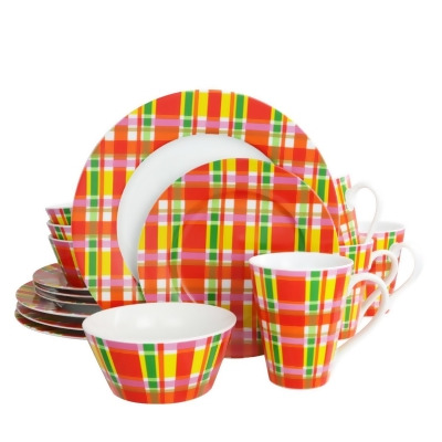 OUI by French Bull 100806.16 16 Piece Multi Plaid Porcelain Dinnerware Set 