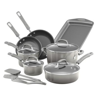 Rachael Ray 19019 Classic Brights Porcelain Nonstick 14 Piece Cookware Set with Bakeware & Tools, Sea Salt Gray 