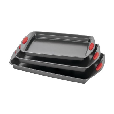 Rachael Ray 47423 Nonstick Bakeware Cookie Pan Set - 3 Piece - Gray with Red Silicone Grips 