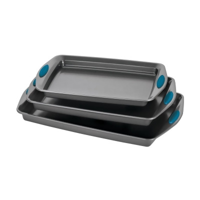Rachael Ray 47425 Nonstick Bakeware Cookie Pan Set - 3 Piece - Gray with Marine Blue Silicone Grips 