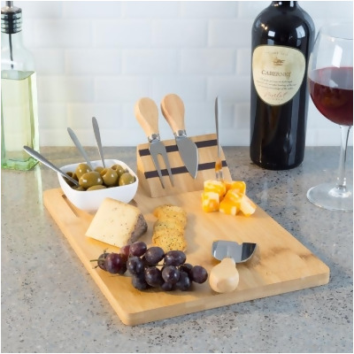 Classic Cuisine 82-KIT1062 Bamboo Cheese Serving Tray Set with Stainless Steel Cutlery & Ceramic Dish Durable & Eco-Friendly Charcuterie Board - 9 Piece 