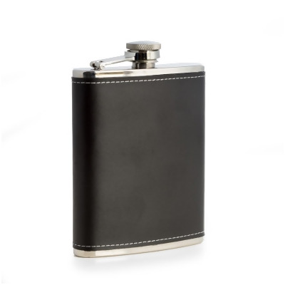 Bey-Berk International FS716B 6 oz Stainless Steel Leather Flask with Contrast Stitching - Black 