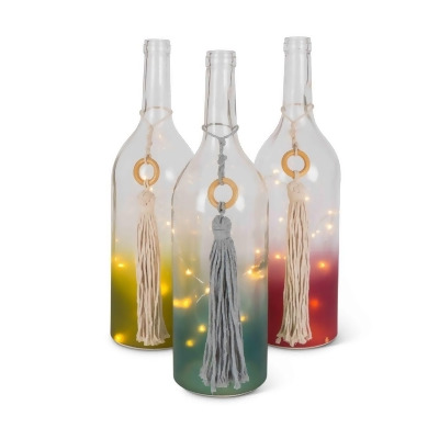 Gerson 94523EC Ombre Frosted Wine Bottles with Cotton Tassels Warm White Lights & Timer - Multi Color - Set of 3 