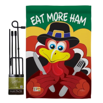 Breeze Decor BD-TG-GS-113034-IP-BO-D-US09-BD 13 x 18.5 in. Eat More Ham Fall Thanksgiving Vertical Double Sided Mini Garden Flag Set with Banner Pole 