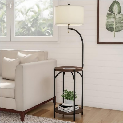 Lavish Home A1000B2 Floor Lamp End Table - Modern Rustic Side Table with Drum Shaped Shade, Dark Brown, Black & Off-White 
