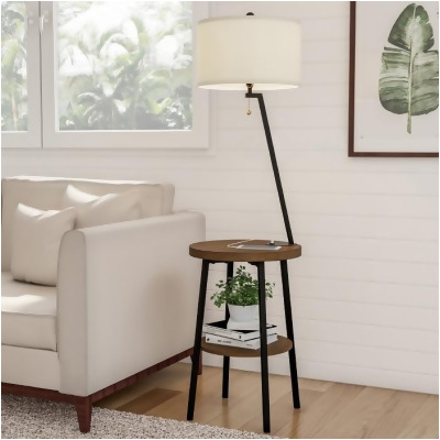Lavish Home A1000B3 Floor Lamp End Table-Mid Century Modern Side Table with Drum Shaped Shade, Brown, Black & Off-White 