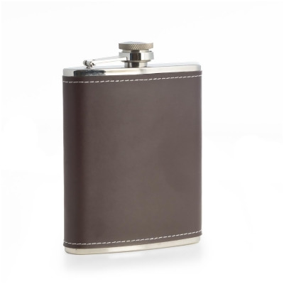 Bey-Berk International FS716N 6 oz Stainless Steel Brown Leather Flask with Contrast Stitching - Brown 