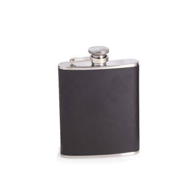 Bey-Berk International FS116 6 oz Stainless Steel Leather Flask with Captive Cap & Durable Rubber Seal - Black & Silver 
