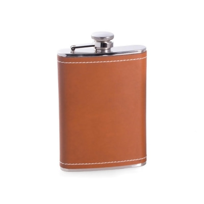 Bey-Berk International FS148 8 oz Stainless Steel Saddle Brown Leather White Stitch Flask with Captive Cap & Durable Rubber Seal 