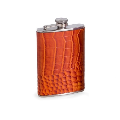 Bey-Berk International FS268 8 oz Stainless Steel Croco Leather Flask with Captive Cap & Durable Rubber Seal - Orange & Silver 