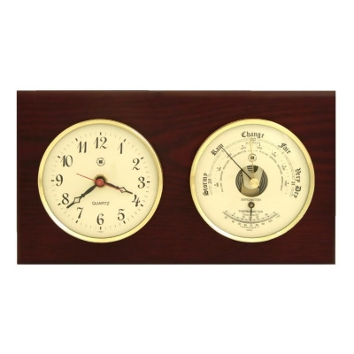 Bey-Berk International WS213 Brass Clock & Barometer with Thermometer - Mahogany 