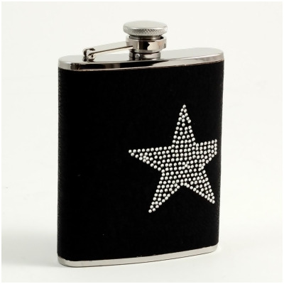 Bey-Berk International FS416 6 oz Stainless Steel Leatherette Flask with Reign Stone Star Design Captive Cap & Durable Rubber Seal - Black & Silver 