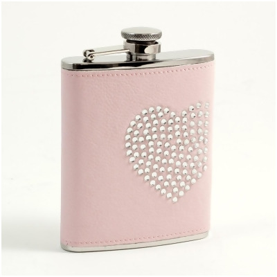 Bey-Berk International FS396 6 oz Stainless Steel Leatherette Flask with Reign Stone Heart Design Captive Cap & Durable Rubber Seal - Pink & Silver 