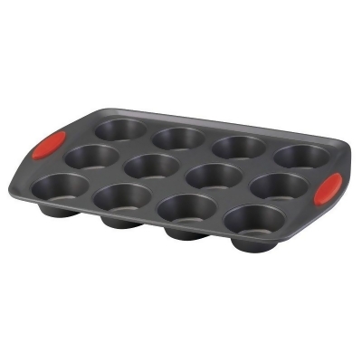 Rachael Ray 47956 Yum-o Nonstick Bakeware 12-Cup Oven Lovin Muffin & Cupcake Pan, Gray with Red Handles 