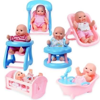 AZ Trading & Import PS9302 Mini Dolls with Cradle, High Chair, Walker, Bathtub, Swing & Baby Seat - Set of 6 