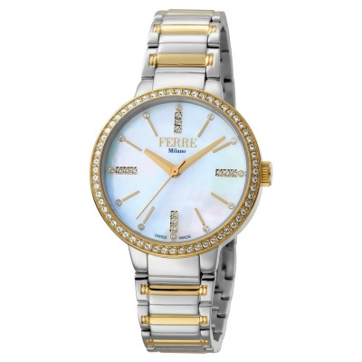 Ferre Milano FM1L084M0101 Womens Swiss Made Quartz Two Tone Gold Bracelet Watch with White Mother of Pearl Dial 
