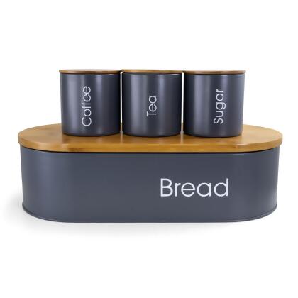 MegaChef MG-317 Bamboo Kitchen Countertop Metal Bread Basket & Canister Set in Gray with Lid - 4 Piece 