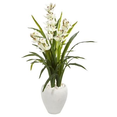 Nearly Natural 9444 4 in. Cymbidium Orchid Artificial Plant in White Planter 