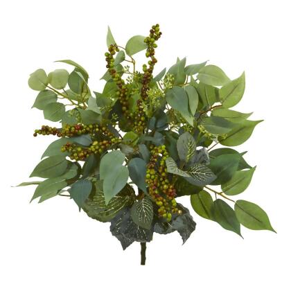 Nearly Natural 6215-S6 14 in. Mixed Ficus, Fittonia & Berries Bush Artificial Plant - Set of 6 