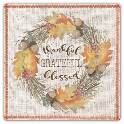 Pasttime Signs CIN283 17 x 17 in. Fall Wreath Thankful Grateful Sign 