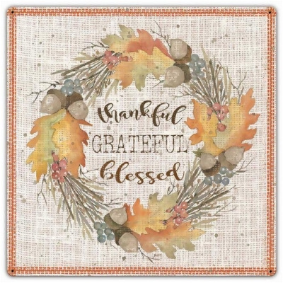 Pasttime Signs CIN284 24 x 24 in. Fall Wreath Thankful Grateful Sign 