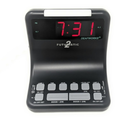Harris HC-ALM202B Deafworks Futuristic 2 Dual Alarm Clock with Flashing or Steady Light mode & Dual USB Charging Ports, Black 