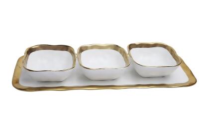 Classic Touch WPR2029 White Porcelain Relish Dish with 3 Square Bowls with Gold Trim