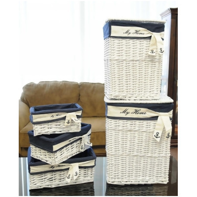 HomeRoots 364162 White & Blue Rectangular Willow Basket, Set of 5 - 14 x 17.5 x 19.5 in. 